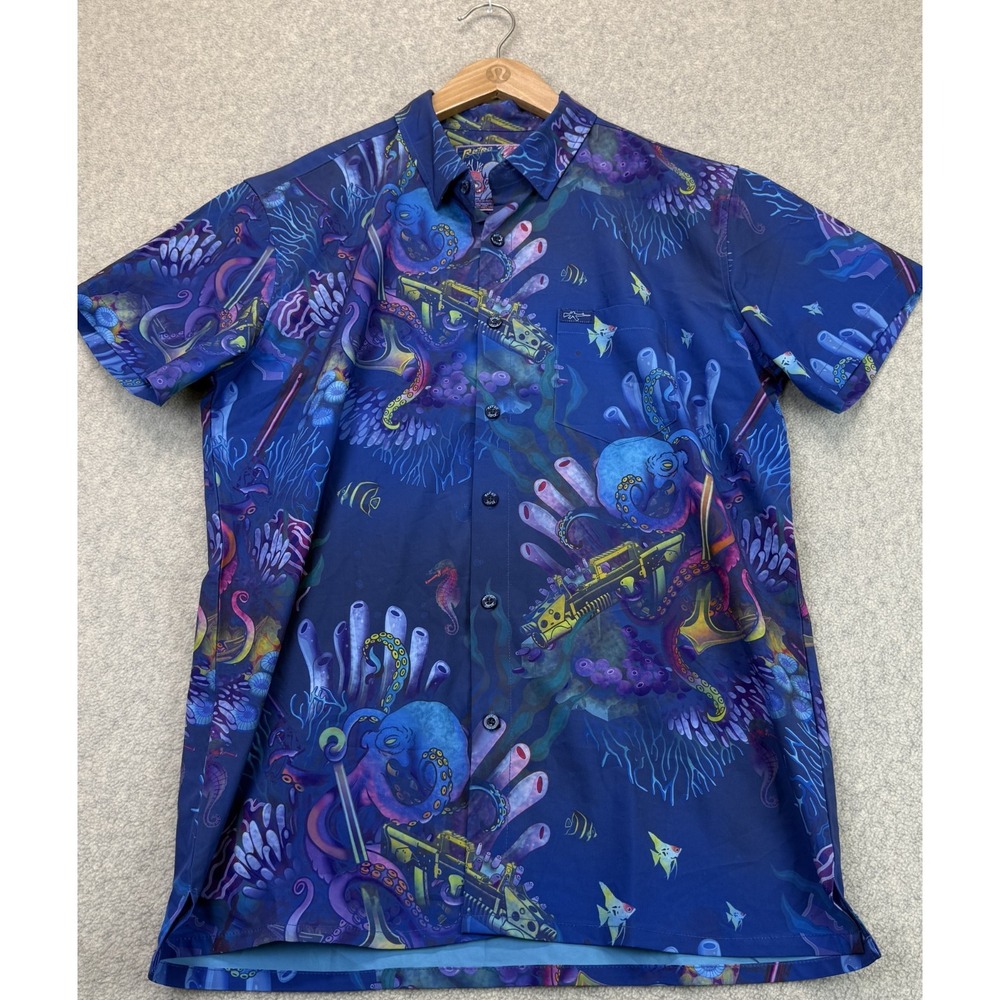 Retro Rifle Mens Button Up Shirt Blue Short Sleeve All Over Octopuses Print L